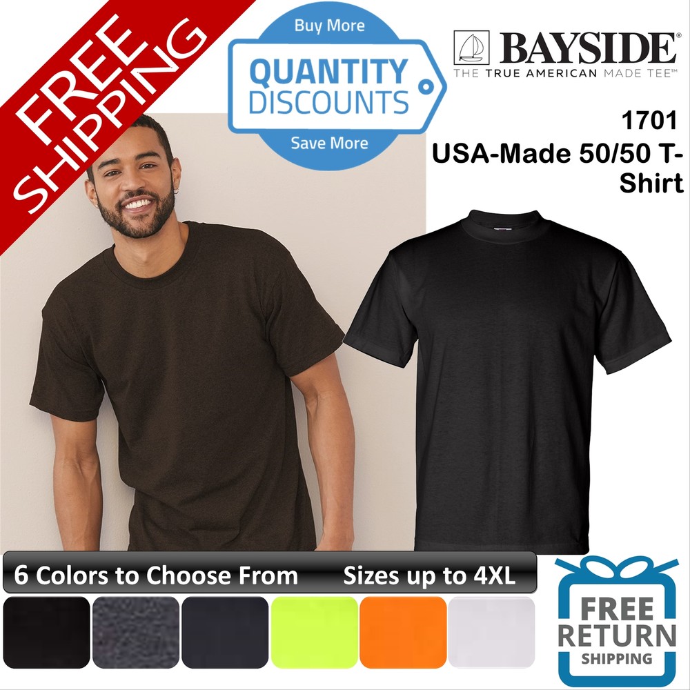 🔥 Bayside Men Usa-made 50/50 Blend Short Sleeve T-shirt Jersey Up To 4XL 1701
