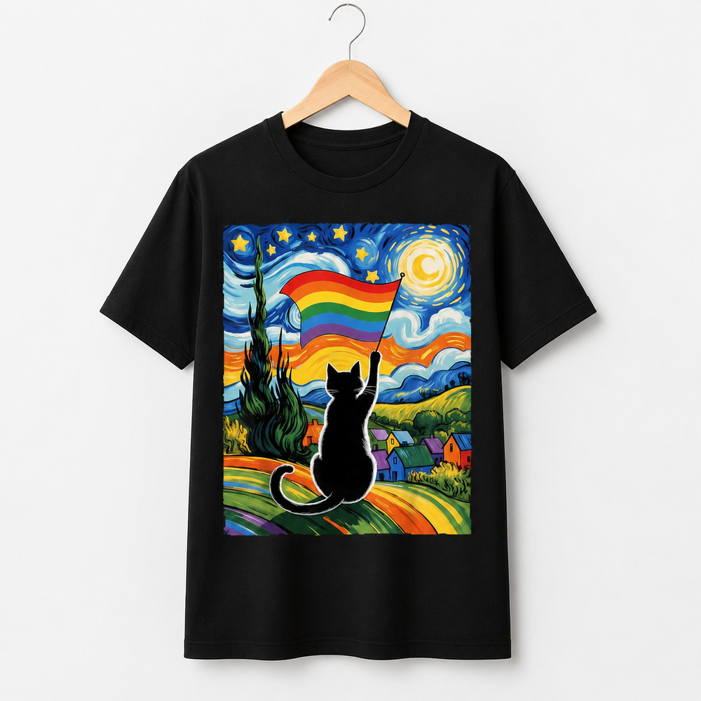 Cat Pride LGBTQ Rainbow Flag Starry Night T-Shirt Cute Cat Lover Vintage Graphic
