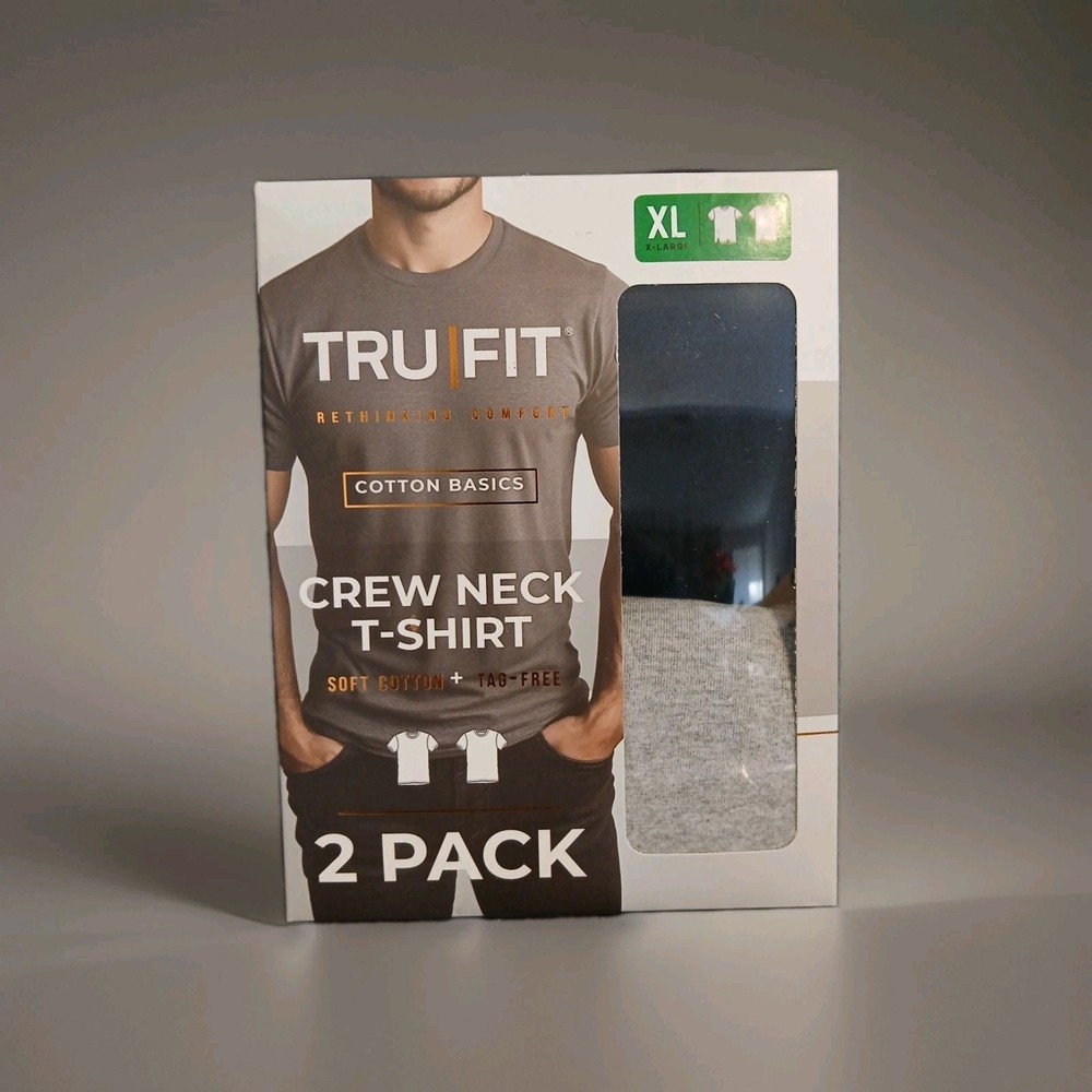 New TruFit Men’s 2 Pack Soft Cotton Tag Free Crew Neck T-Shirts Size XL Blk gray