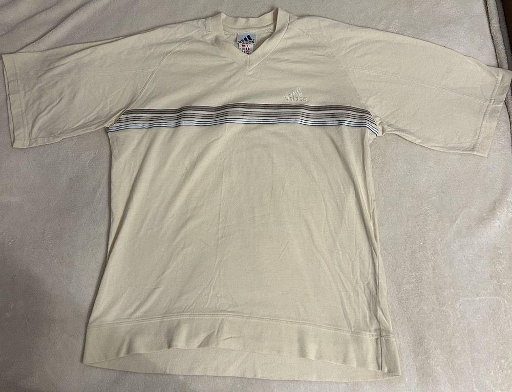 Vintage 1990s Adidas Shirt Size M 1999 Cream Stripes Medium Rare V Neck
