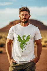 Lime Green Dragon T-Shirt Fantasy Flying Dragon Graphic Stars Unisex Tee