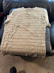 Mutual Weave brown 3 button henley collar olive green studio wardrobe sale