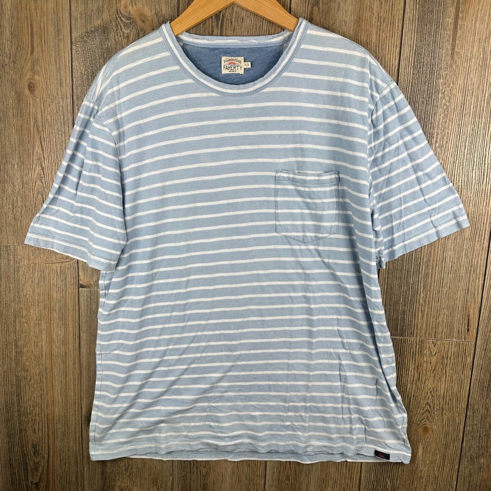 Faherty Brand Mens XL Indigo Dyed Striped Pocket T-Shirt Blue White MKU2126-LIS
