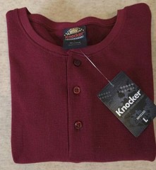 NWT Knocker Activeware Mens Lg Waffle Knit Thermal Henley LS Burgandy Shirt 100%