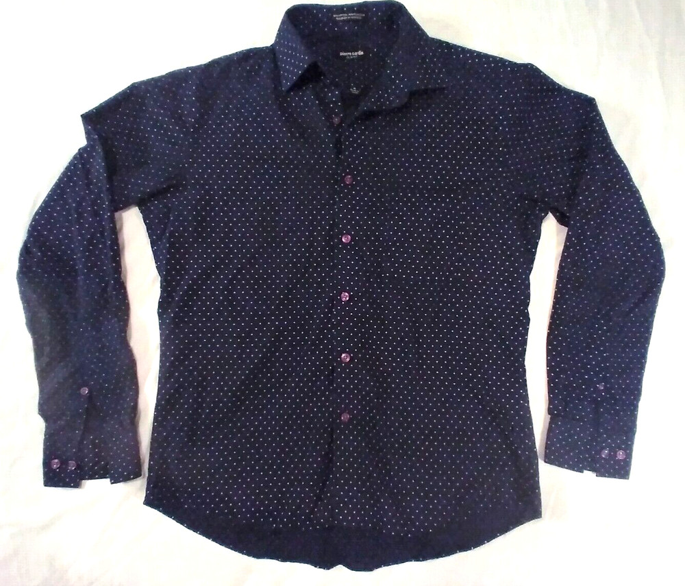 Pierre Cardin Slim Fit Shirt Dk Blue w/White Polka Dots, Men’s Size M=15-15 1/2