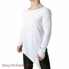 Mens Asymmetric Slit Hem Summer T-shirt Top Tee Long Sleeve Pullover Shirt Hot