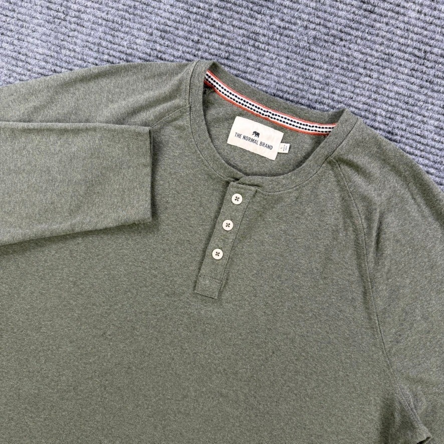 The Normal Brand Mens Large Olive Green Long Sleeve Raglan Henley Shirt Casual