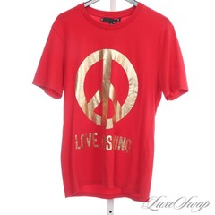 Love Moschino Made in Turkey Cherry Red Gold Foil Big Peace Logo Tee Shirt XL