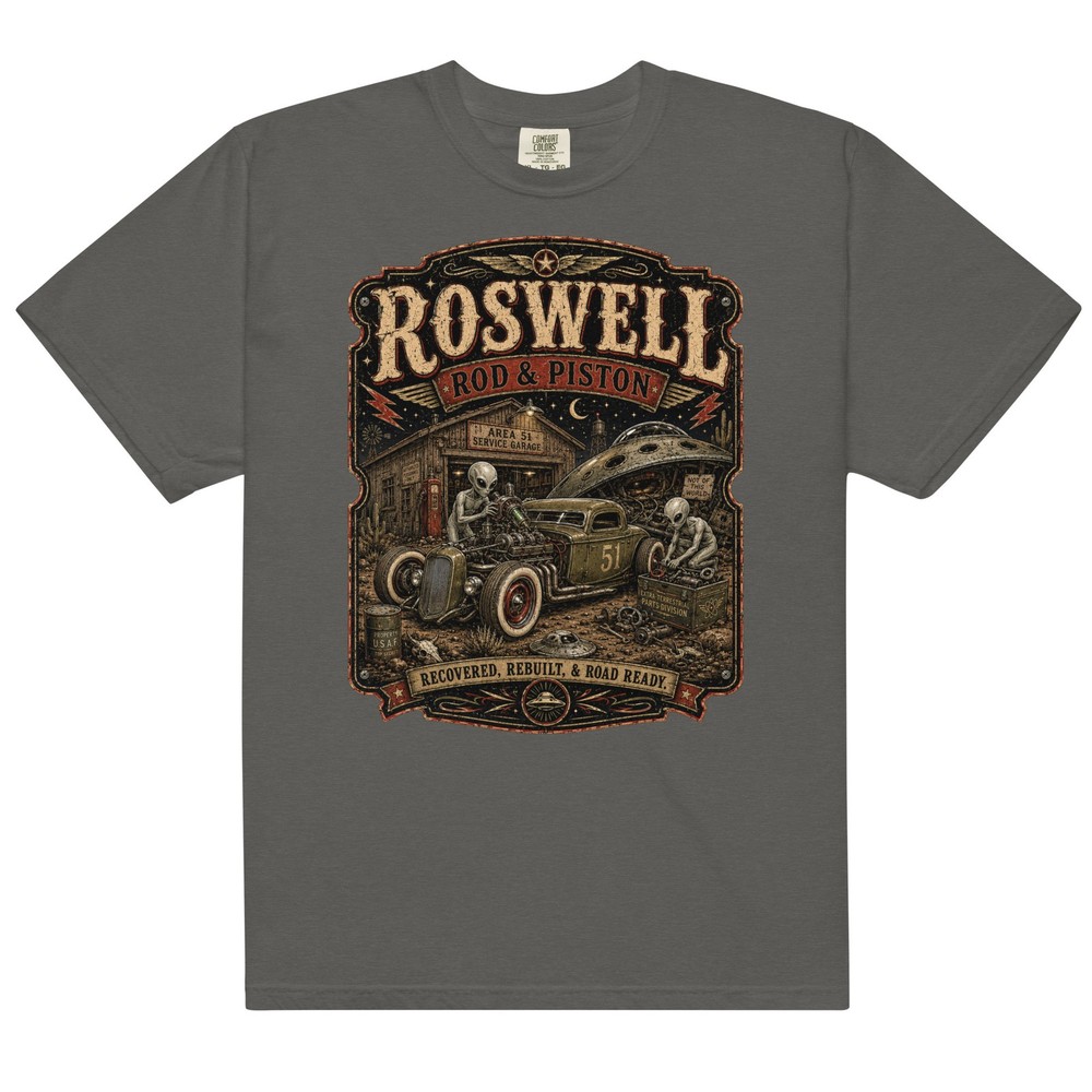 Roswell Rod & Piston Alien Garage T-Shirt Hot Rod Flying Saucer UFO Tee S-4XL
