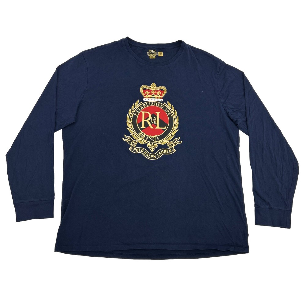 Polo Ralph Lauren Shirt Men’s XL Navy Blue Crest Logo Custom Slim Fit Crew Neck