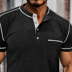 Men Short Sleeve Solid Half Open Collar T-shirt Button Pullover Casual Tee