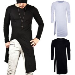 Men Asymmetric Longline T-shirt Tee Split Casual Top Shirt Long Sleeve Slim Sexy