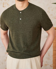 Retro Henry Collar Knitted Short-Sleeved T-Shirt Men Business Linen Blend Top