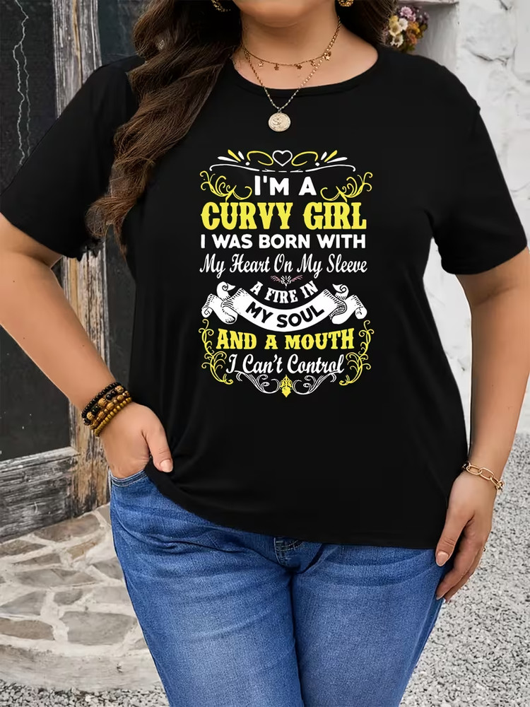 Plus Size, Women’s Plus Size T-Shirt with English Letter Print