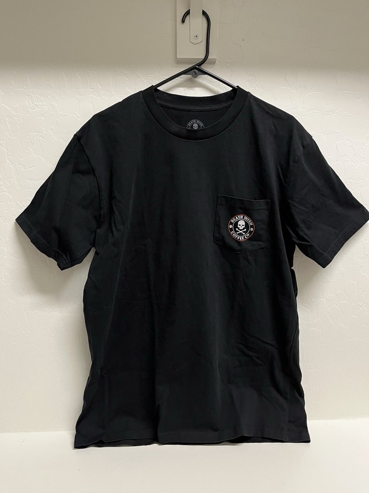 Death Wish Coffee Mens Shirt Large Black Skull Bones Logo Hearts Graphic Tee New
