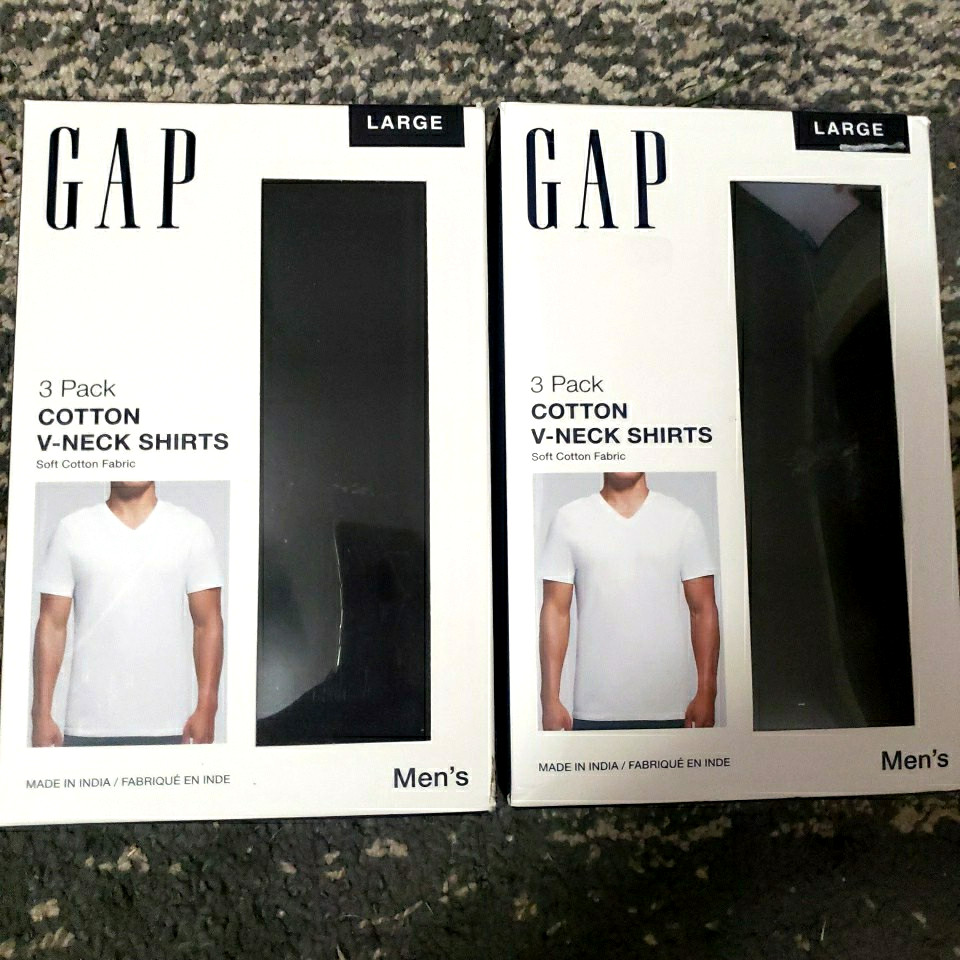 Lot of 2 Packs Mens Gap 3 Pk Cotton V-Neck Black Shirts Size Large L Classic Fit