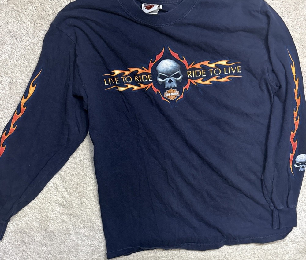 Vintage Harley Davidson 2005 Flames & Skulls Shirt Double Sided Made USA Sz Med