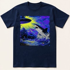 Retro UFO Shark Attack T-Shirt Vintage Sci-Fi Alien Abduction Space Graphic Tee
