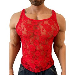 Men’s Stretchy Floral Lace Mesh Tank Top Sleeveless Fitted Vest for Vacation