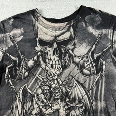 RARE VTG Affliction Shirt Mens L Black Puppet Master God Vs Devil Demon AOP Y2K