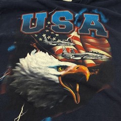 Vintage Y2K USA Flag Bald Eagle Fighter Jet Fruit of the Loom Blue T-Shirt Sz XL