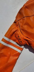 Vtg Bates Leather Motorcycle Racing Jacket Harley Orange w Stripes 1960’s L Cafe