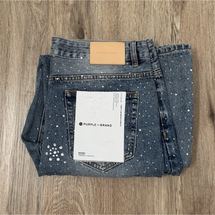 Purple Brand Studded Distressed Straight Blue Denim Jeans Men