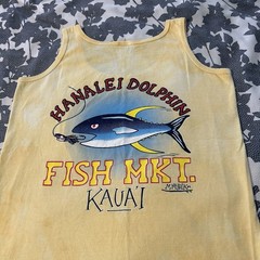 Vtg 90s Hanalei Dolphin Fish Market Kauai Tank Top M Anvil Red Bar USA Tie Dye