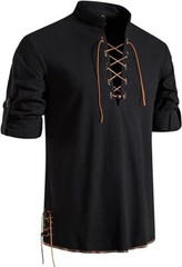 Men’s Casual Long Sleeve Henry Shirt Lace-Up Stand-Up Collar Cotton Linen Blouse