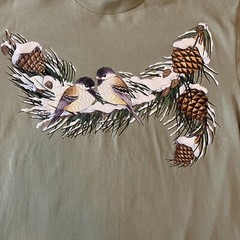 Vtg Cal Cru Tee Shirt Sage Green 90s Single Stitch Birds Winter Sz M USA Made