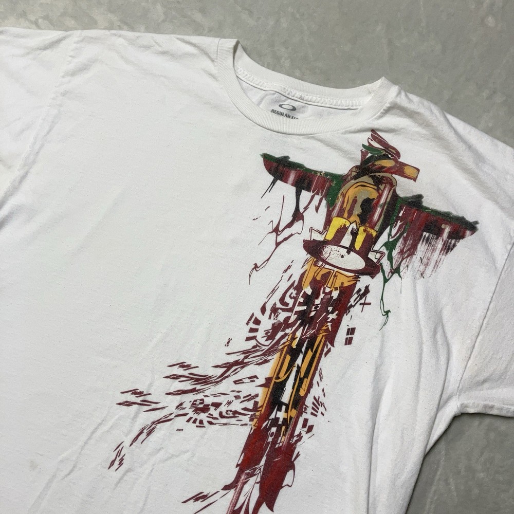 Rare Oakley T-Shirt Mens Large White Totem Pole Logo Olympic Graphic Faded Y2K