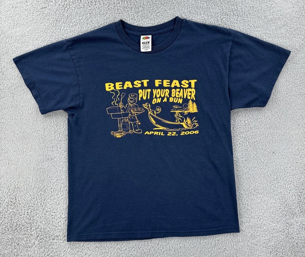 Vtg Fruit Of the Loom Mens Large Blue T Shirt 2006 Beast Feast Beaver On A Bun