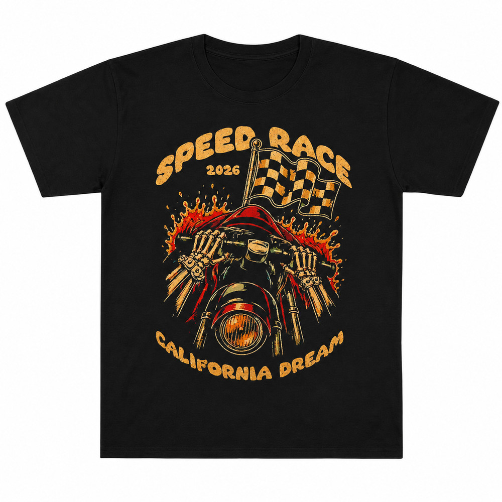 Speed Race 2026 California Dream Skeleton Motorcycle Shirt Checkered Flag Biker