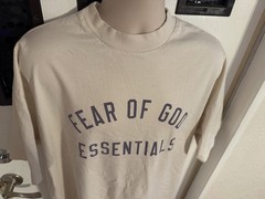 Fear of God Essentials oversized beige/tan graphic T-shirt front arch Logo Clean