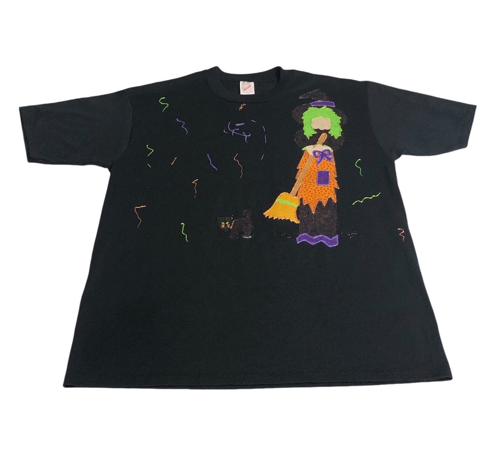 Vintage 90s Jerzees Halloween Witch Cat Shirt Large Black Applique 3D Puff Paint