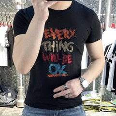 New Men Luxury Rhinestones Fashion Diamonds Black White T-Shirt High Quality