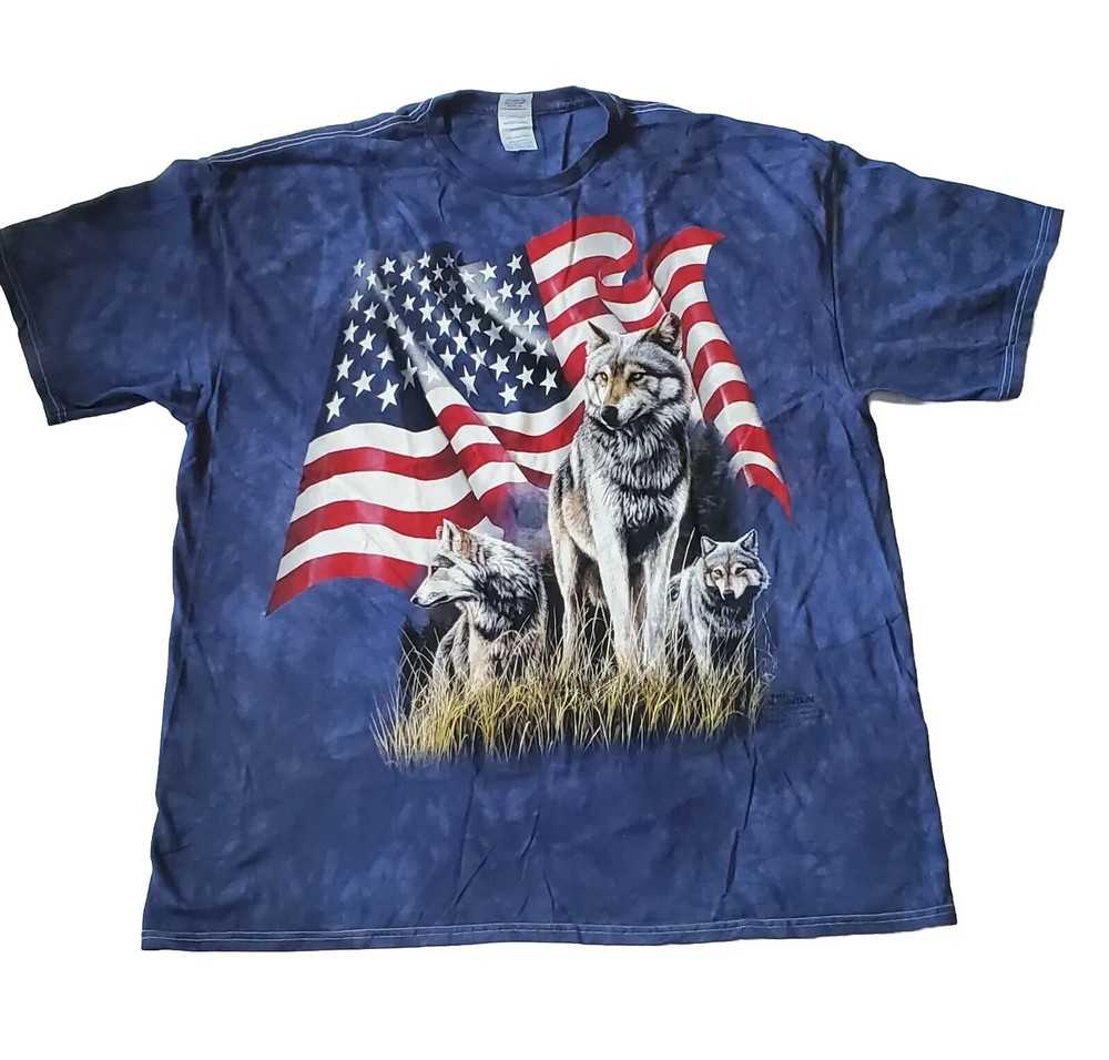 Men’s T-Shirt 2XL American Flag Red White & Blue Mountian Wolves Tie Dyed Plus