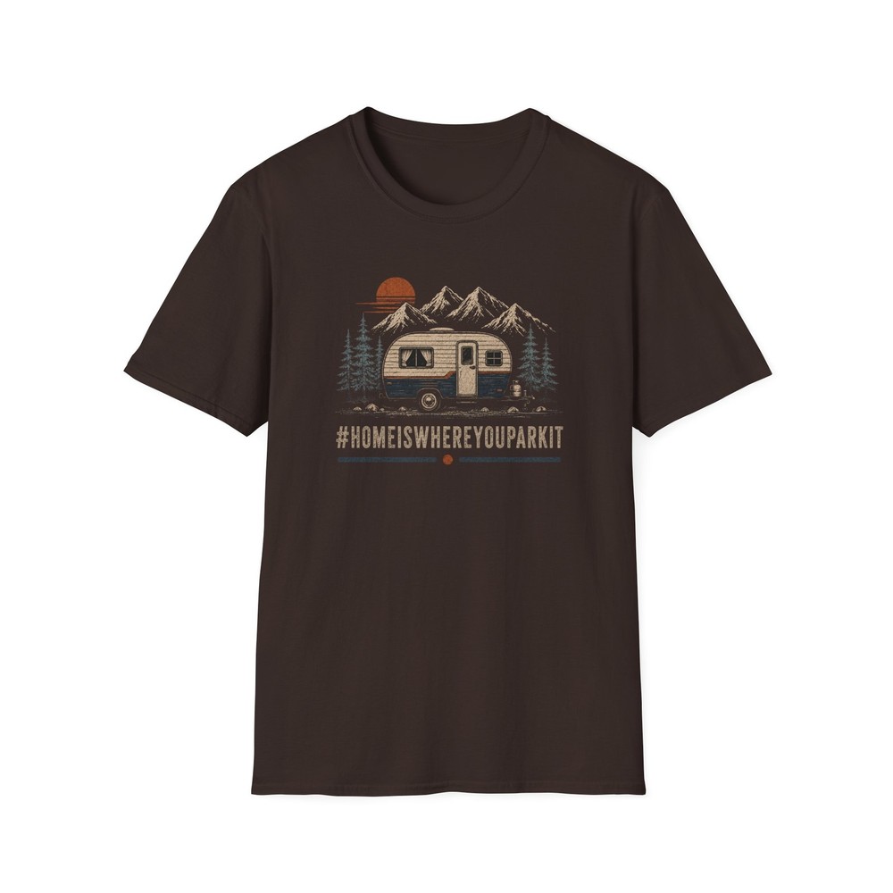Camper Tee — “#HOMEISWHEREYOUPARKIT” Vintage Travel Trailer