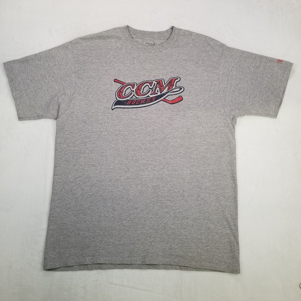 Reebok CCM Hockey Men’s Gray T-Shirt Size Large with Crossed Hockey Sticks Logo