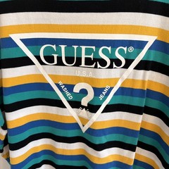 Guess Originals Men’s L Vista Logo T-Shirt Blue Black Yellow Striped Streetwear
