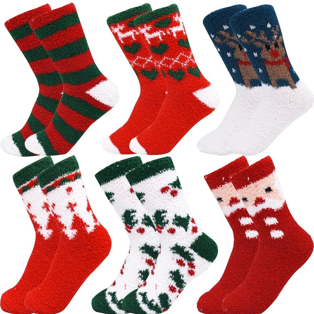6 Pairs Adult Christmas Holiday Socks Warm Cozy Fuzzy Plus Size AntiSlip Fit