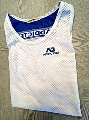 Addicted White Navy Blue Logo Mesh Tank Top Sz. L /34 See Thru Sexy Muscle Top