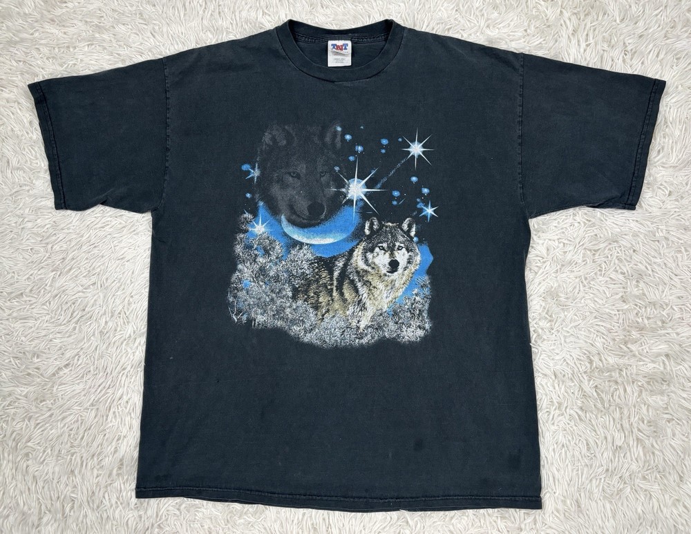 Vintage TNT Wolf T Shirt 2XL Wolves Crescent Moon Stars Graphic Nature 90s Y2K