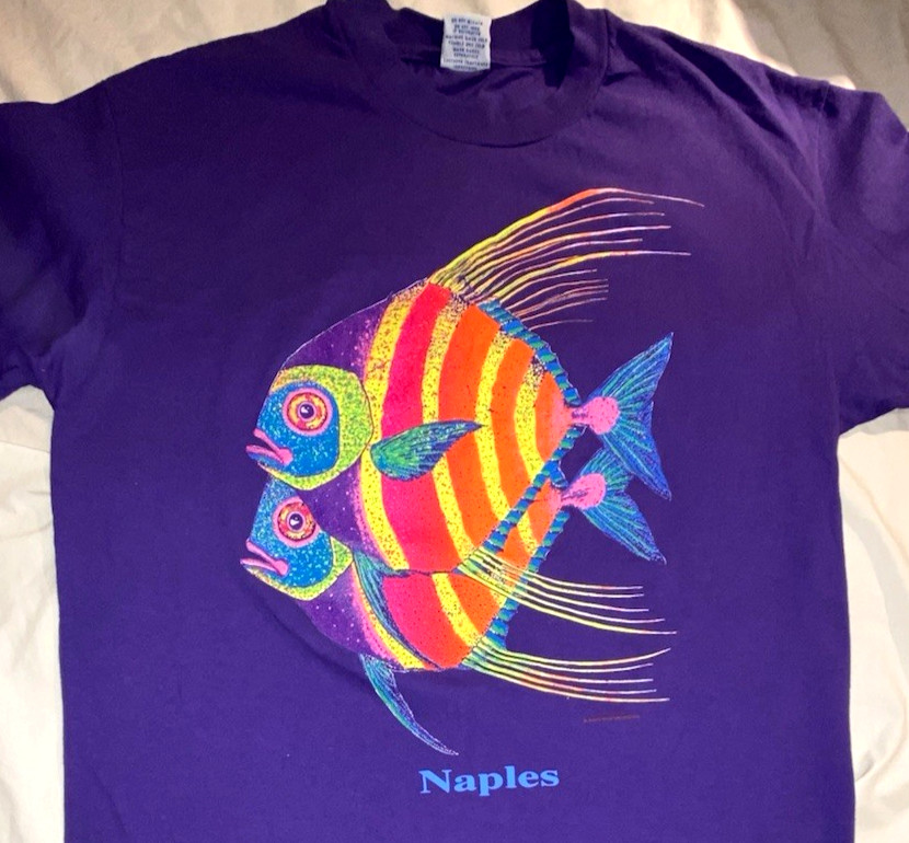 Vtg NAPLES FLORIDA T Shirt NEON FISH 80s-90s Y2K USA MADE Mens L LARGE Purple