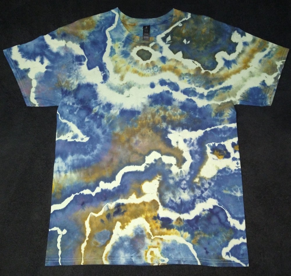 Midnight Blue, Bronze & Sage Geode Ice Dye Tie Dye T Shirt ~ Sz L