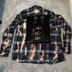 Custom Bleached Flannel Kurt Cobain Nirvana Patch Shirt Grunge Distressed XL