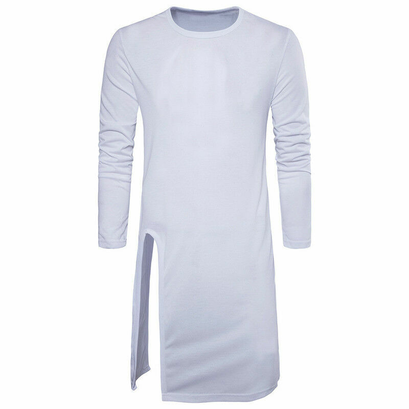 Men Asymmetric Longline T-shirt Tee Split Casual Top Shirt Long Sleeve Slim Sexy