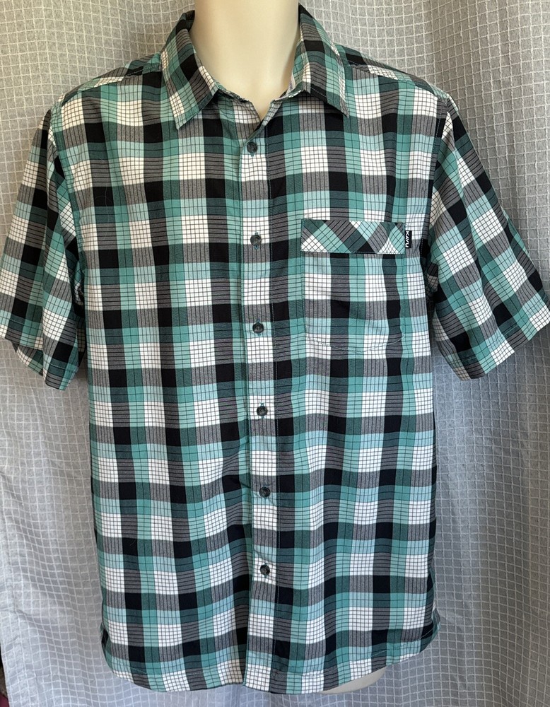 KAVU MENS BLACK-GREEN-WHITE POLYESTER PLAID SS SHIRT. SIZE MEDIUM. VGC. W
