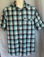 KAVU MENS BLACK-GREEN-WHITE POLYESTER PLAID SS SHIRT. SIZE MEDIUM. VGC. W