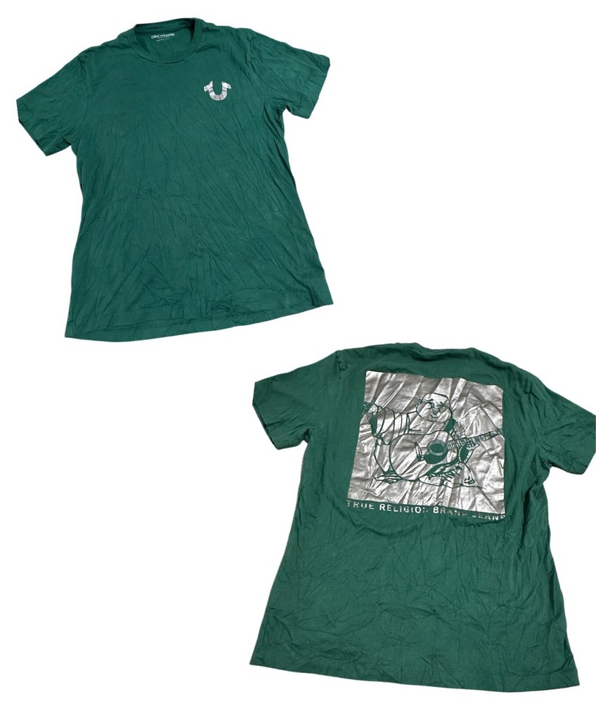 Mens True Religion Jeans Green Foil Silver T shirt 2 Double Sided Medium Buddha